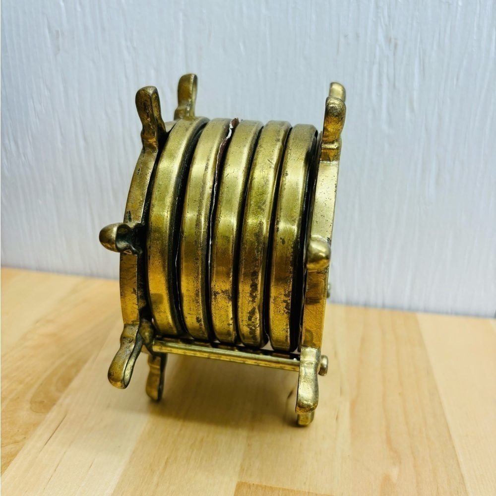 Vintage Set of 5 Nautical Coasters Brass Ship Wheel Holder Mid Century MCM - Picture 8 of 8